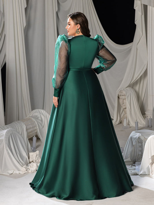 Plus-Size V-Neck Satin Puff-Sleeve A-Line Evening Gown — authorized product image 2