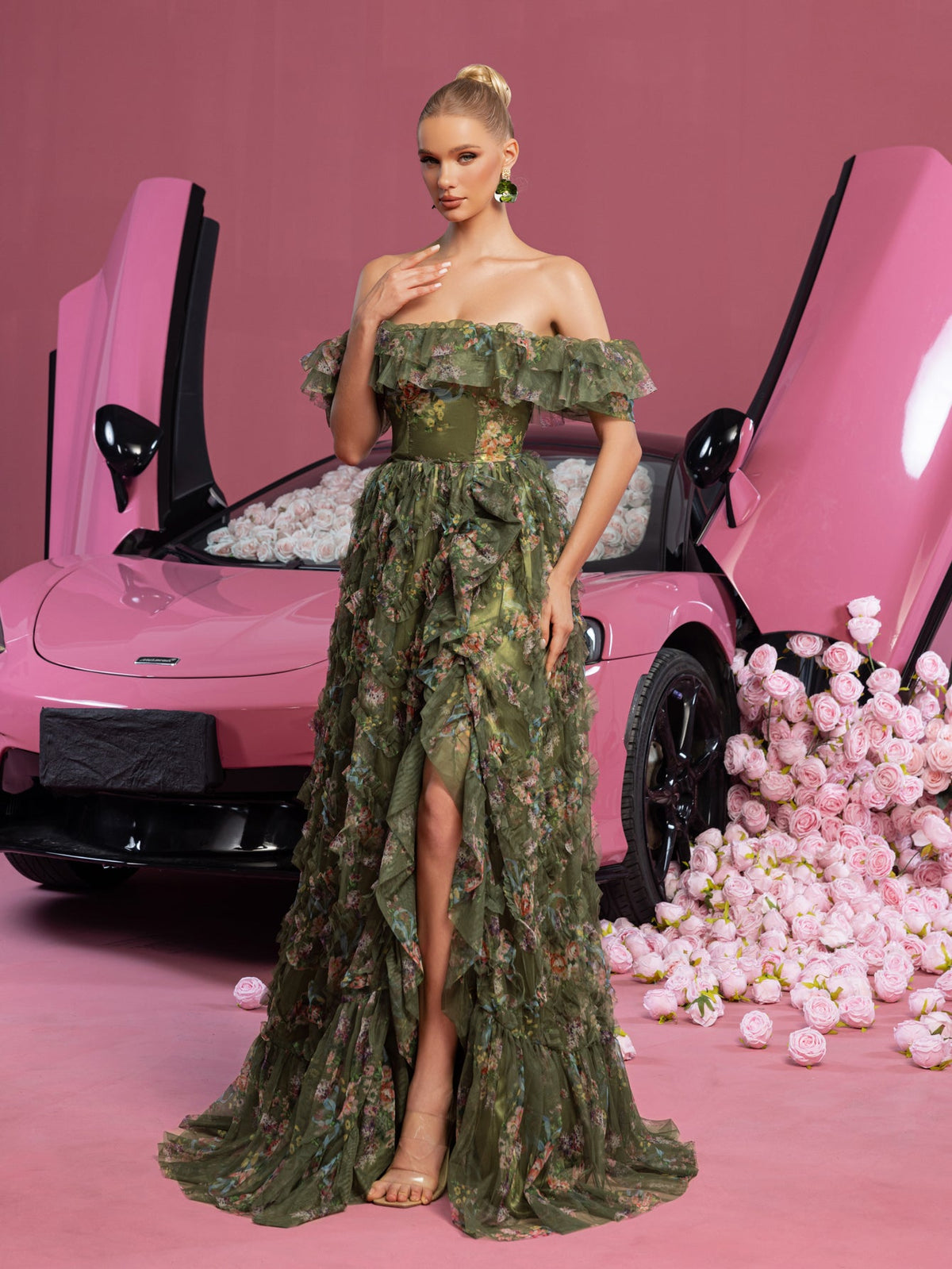 Elegant Ruffle Trim Puff Sleeves Floral Organza Prom Dress