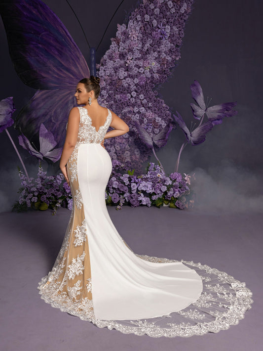 Plus Elegant Backless Contrast Lace Mermaid Hem Maxi Wedding Dress – view 2