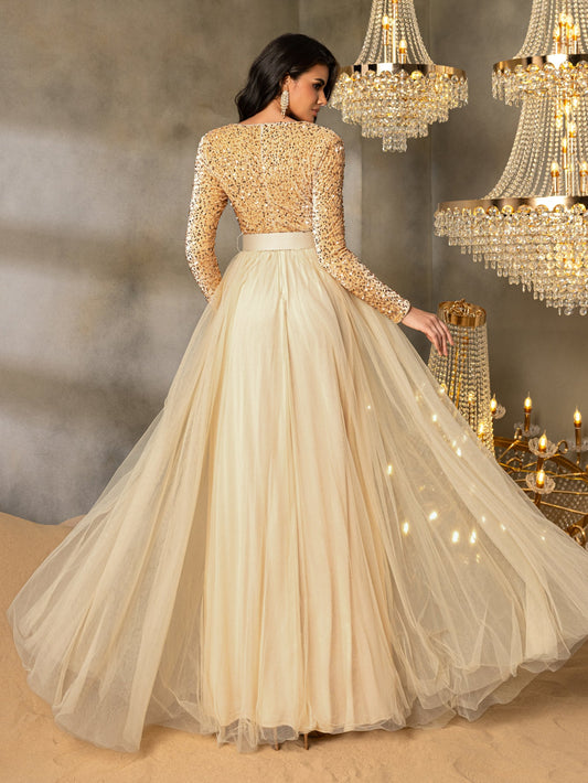 Elegant Sequin Long Sleeve V-Neck Evening Gown with Sheer Tulle Skirt, High Waist Belt | Flowy Formal Dress for Special Occasions