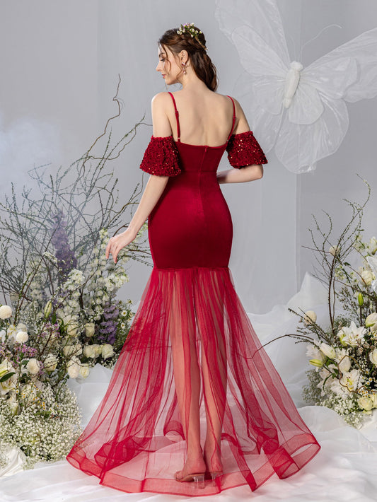 Maternity Spaghetti Strap Velvet Puff-Sleeve Mermaid Evening Gown — authorized product image 2