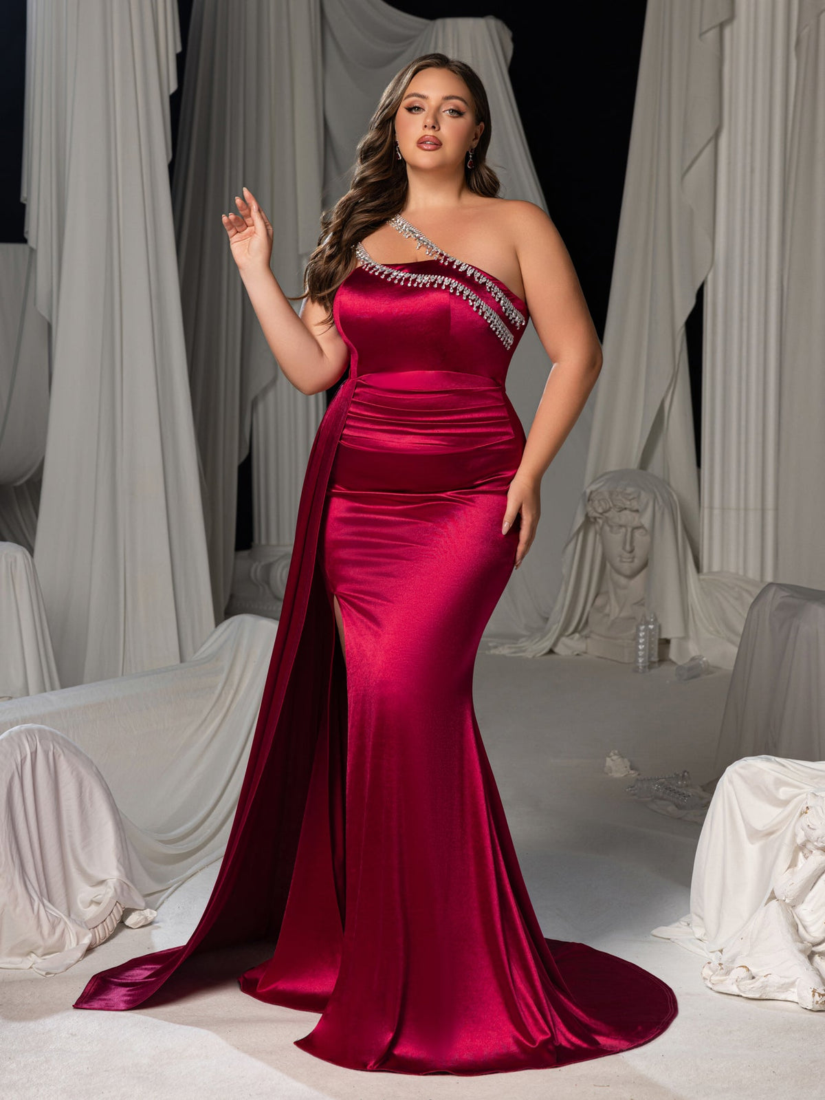 Plus-Size One-Shoulder Satin Rhinestone Sleeveless Mermaid Evening Gown — authorized product image 6