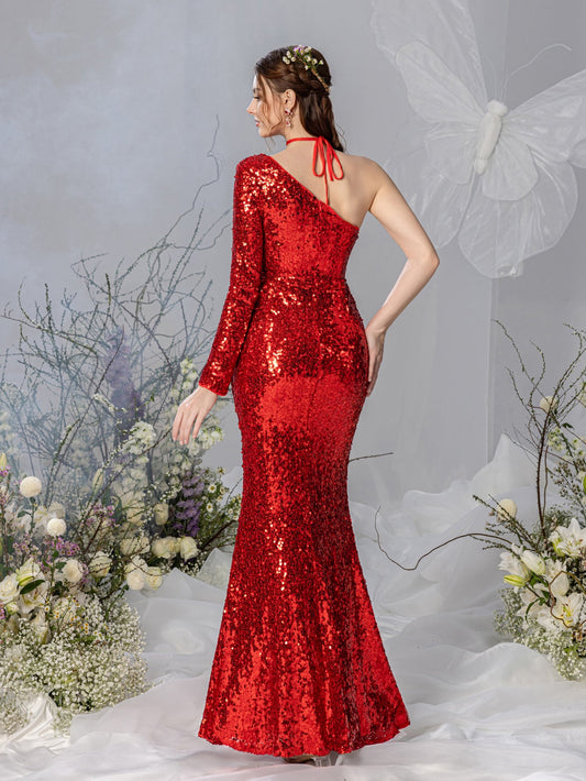 Maternity One-Shoulder Sequin High Slit Long-Sleeve Mermaid Evening Gown — authorized product image 2