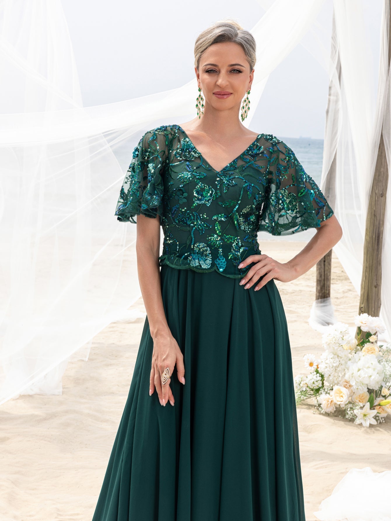 Additional product view of Chiffon Skirt V-Neck Short-Sleeve A-Line Sequin Mother-of-the-Bride Dress
