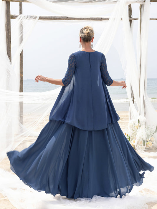 Women's Lace & Chiffon Mother-of-the-Bride Dress: Flowing Beach Wedding Gown with Mid-Sleeve Detailing & Dramatic Skirt – view 2