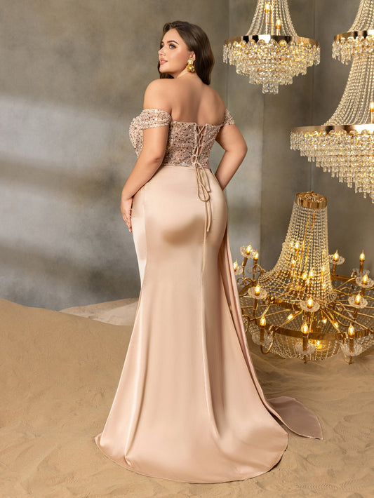 Additional view of Plus-Size Champagne Off-Shoulder Satin Sleeveless Mermaid Wedding Guest Dress