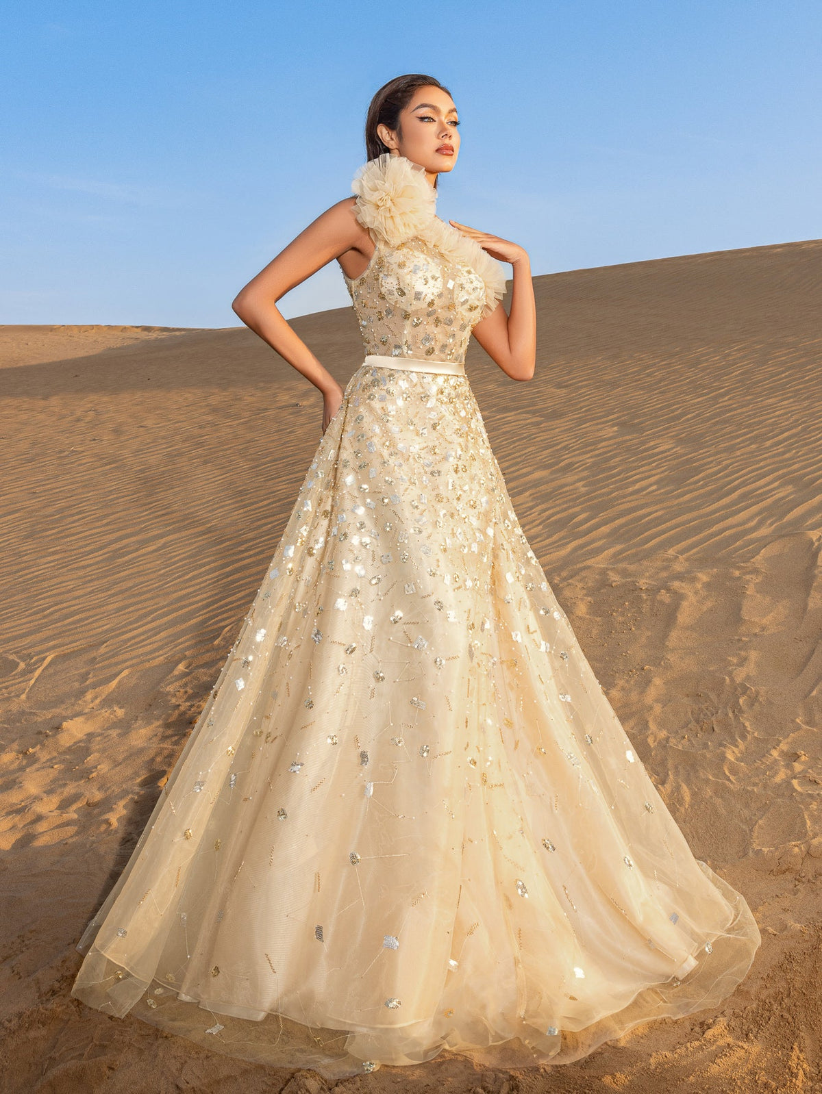 Additional view of One-Shoulder Sequin Beaded Sleeveless A-Line Evening Gown