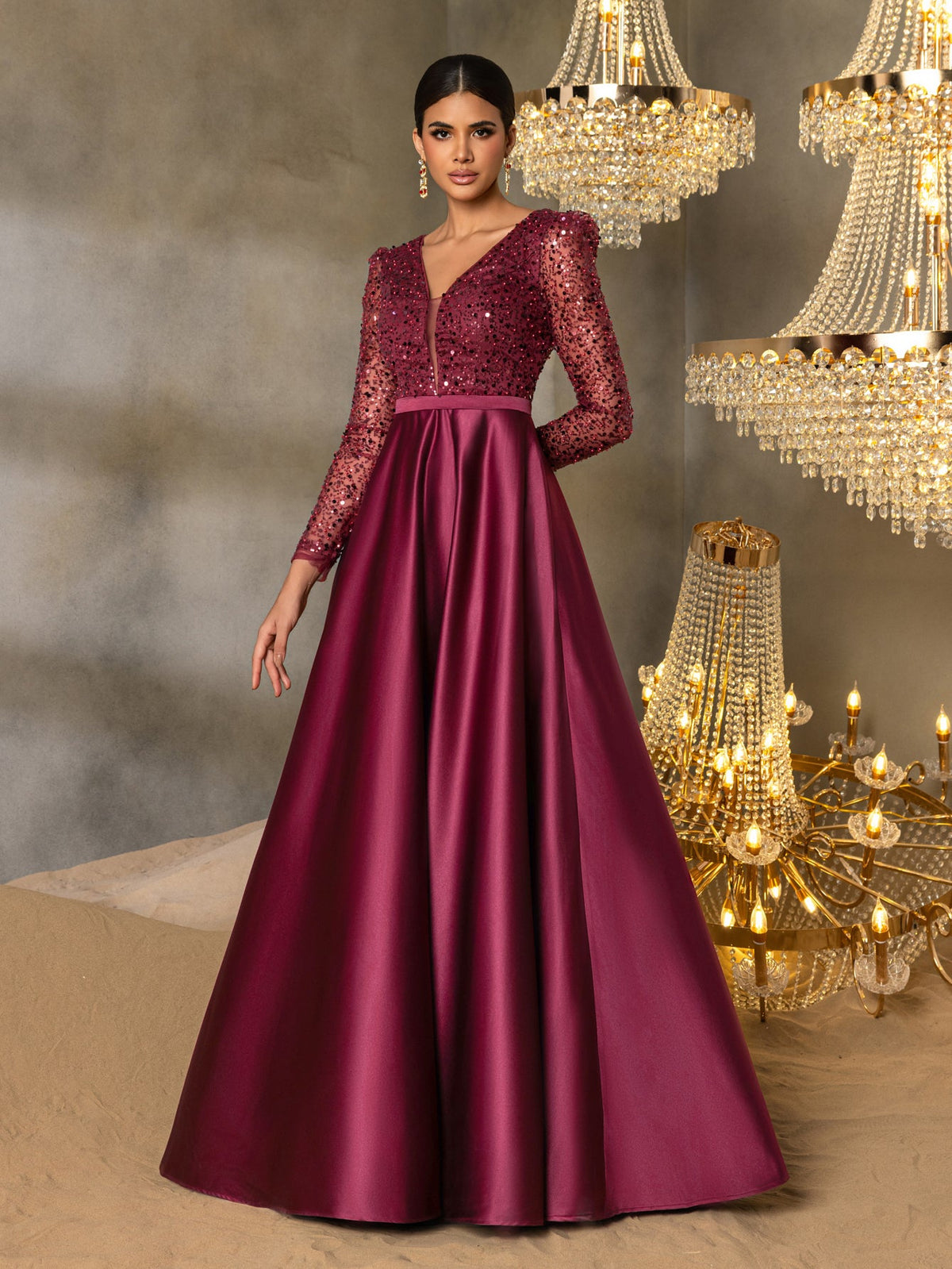Elegant V-Neck Long Sleeve Evening Gown with Puffed Sleeve Detailing, Sequin Beaded Embellishments, Thin Waist Belt & Satin A-Line Skirt | Elegant Formal Dress for Special Occasions