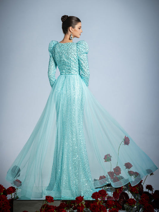 Gigot Sleeves Split Mermaid Hem Sequin Formal Dress