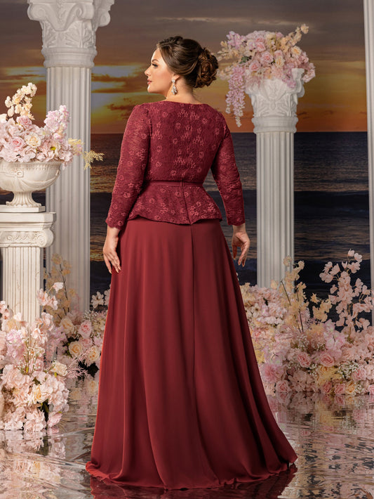 Additional product view of Chiffon Skirt Plus-Size Lace V-Neck A-Line Mother-of-the-Bride Dress