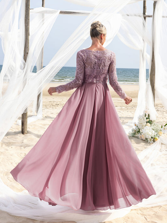 Additional product view of Chiffon Skirt Lace Boat-Neck Long-Sleeve A-Line Mother-of-the-Bride Dress