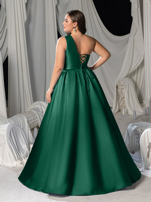 Plus-Size One-Shoulder Satin Pleated Sleeveless A-Line Evening Gown — authorized product image 2