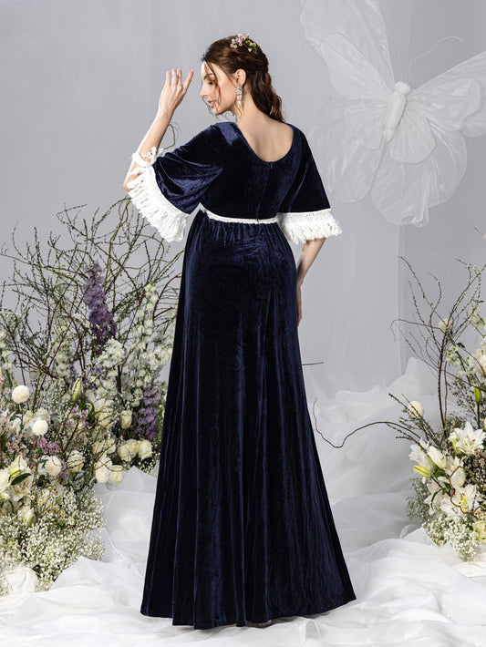 Maternity V-Neck Half Sleeves Velvet Party Dress – view 2