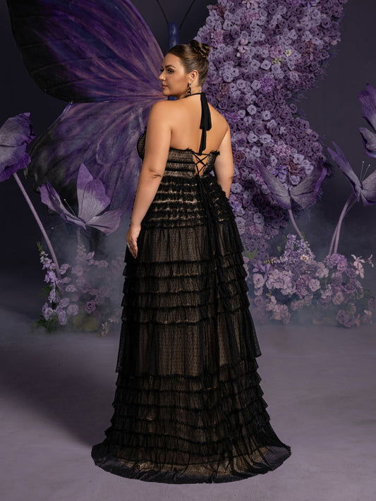 Plus Gorgeous Halter Neck Lace-up Back Cascading Ruffle Hem Tulle Wedding Dress – view 2