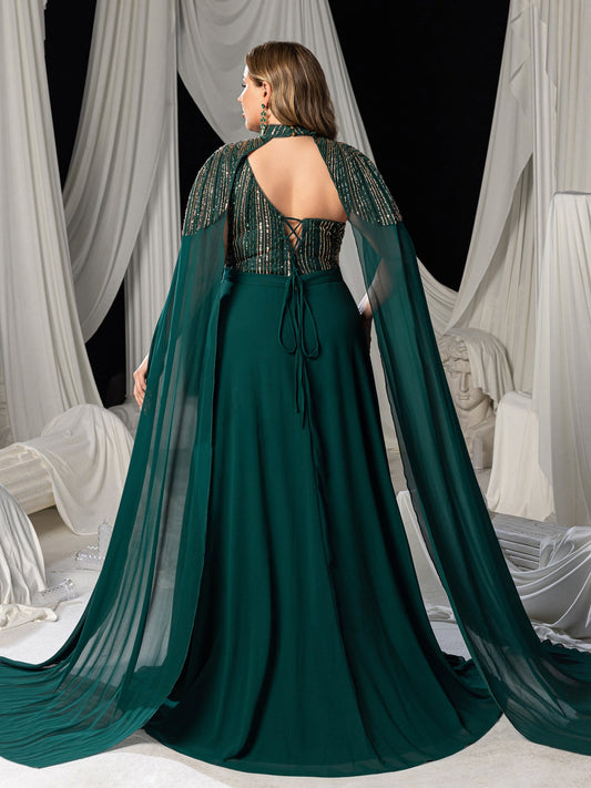 Plus High Neck Chiffon Gown with Detachable Cape | Asymmetrical Cutout & Beaded Embroidery – view 2