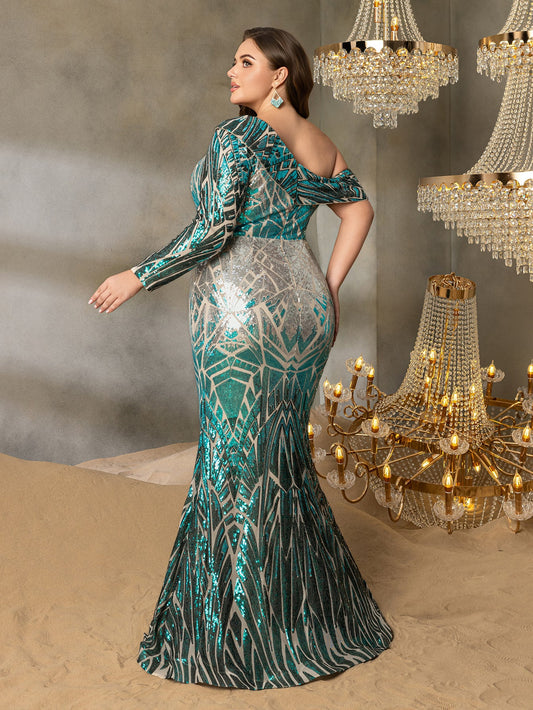 Plus One-Shoulder Geometric Sequin Gown | Long Sleeve Mermaid Dress