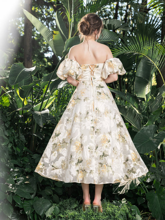 Off-Shoulder Floral Short-Sleeve A-Line Midi Dress — authorized product image 2
