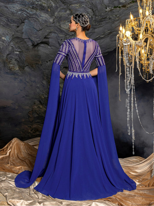 Gorgeous Chiffon Evening Gown with Sequins, Beads & Geometric V-Details, Long Sleeve Cape & Full Flowing Skirt – view 2
