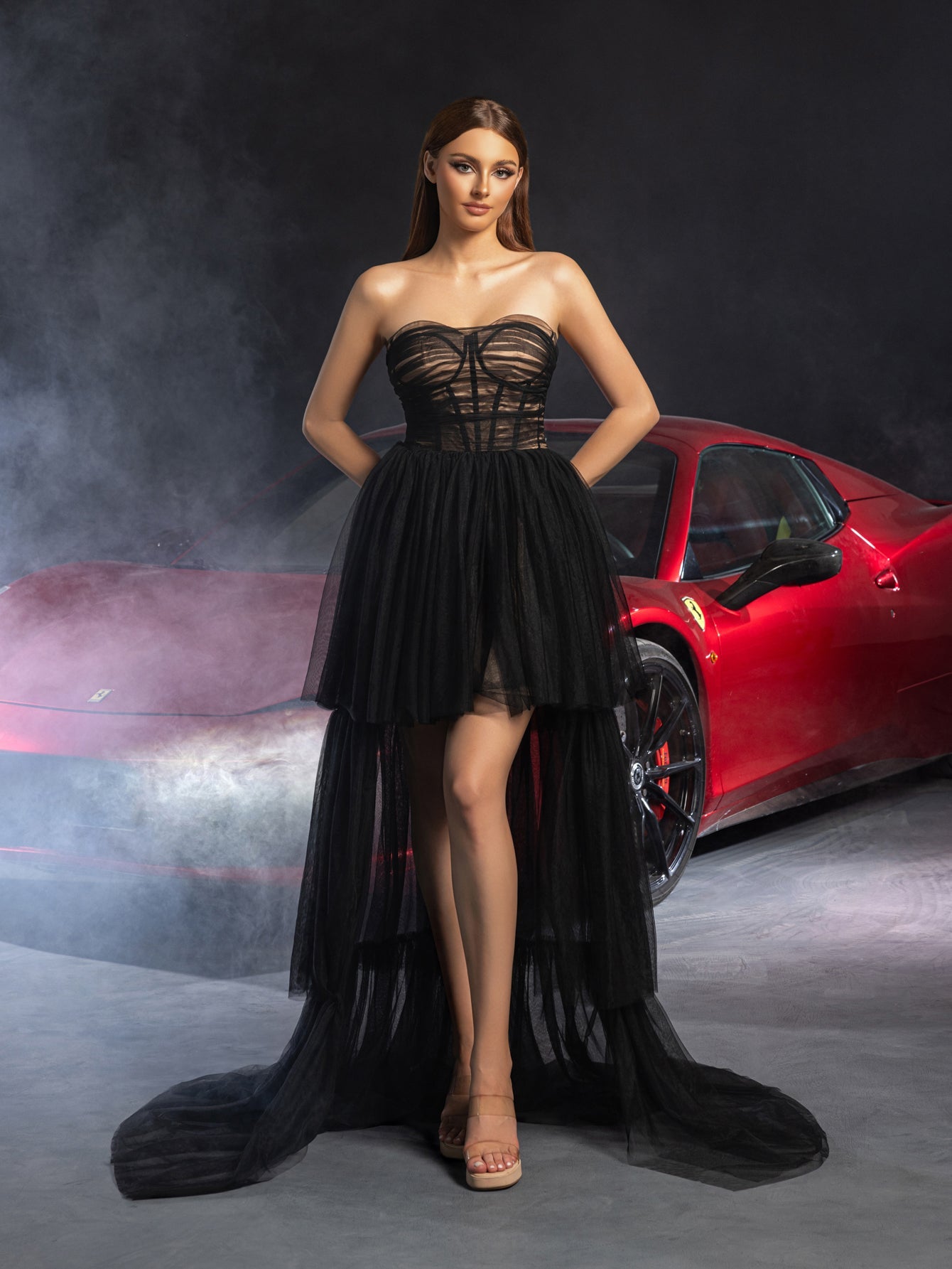 ELegant Strapless Layered High-Low Hem Tulle Party Dress – view 8