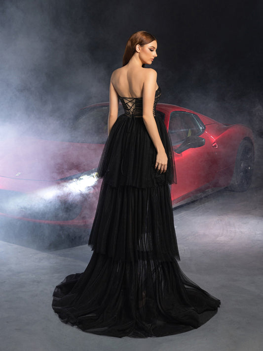 ELegant Strapless Layered High-Low Hem Tulle Party Dress – view 2