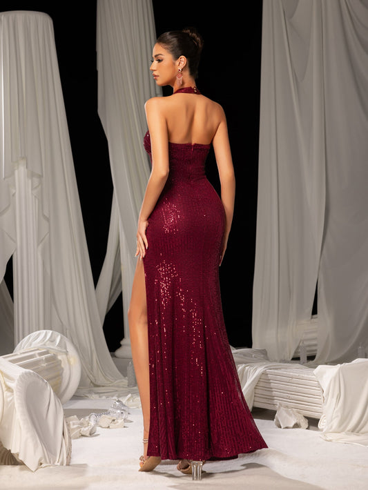 Elegant Sequined Evening Gown with Halter Neckline & Side High Slit – Luxurious Red Carpet Wear for Galas, Parties & Formal Events – view 2