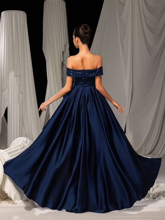 Elegant Off-Shoulder Evening Gown with Sequin Embellishments – High Slit Satin Skirt & Back Zipper for Luxury Weddings or Evening Glam, XS-XL