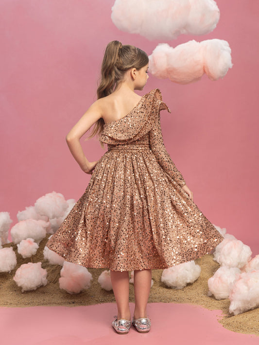 Additional product view of Ruffle Trim One-Shoulder Sequin A-Line Midi Tween Girls' Party Dress