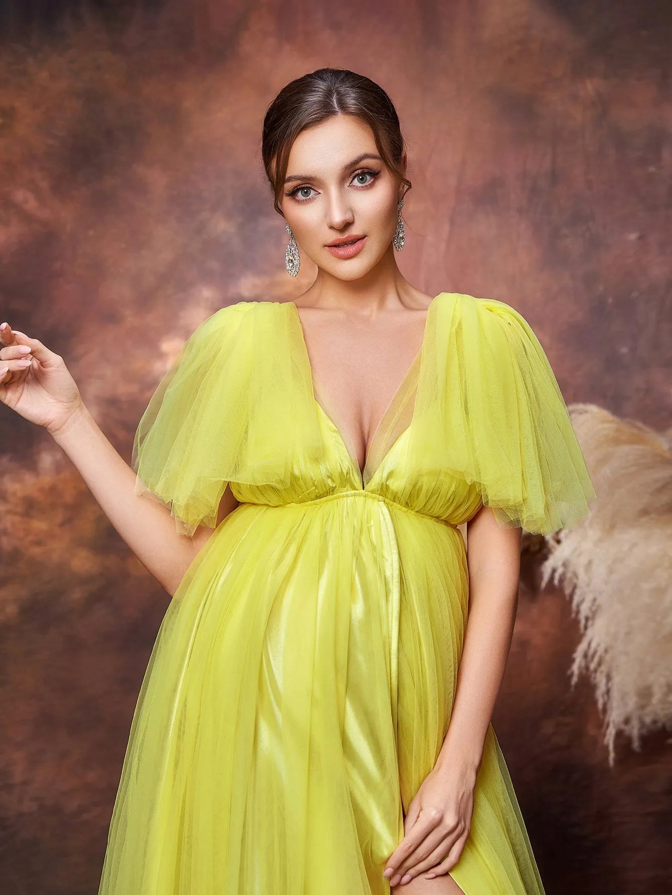 Maternity Plunging Tulle Short-Sleeve A-Line Evening Gown — authorized product image 6