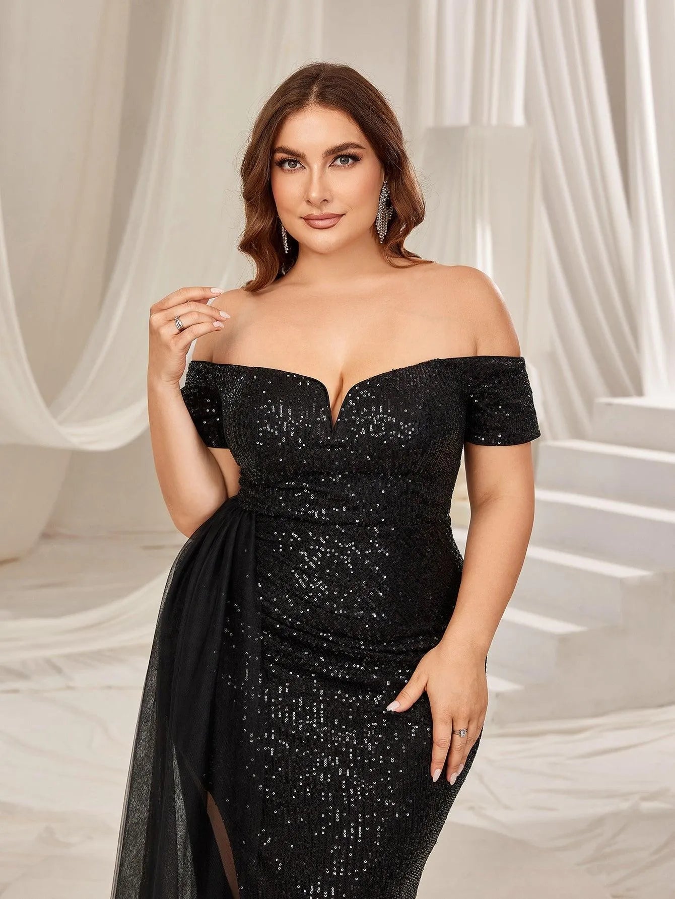 Additional product view of High-Slit Plus-Size Off-Shoulder Sequin Mermaid Evening Gown