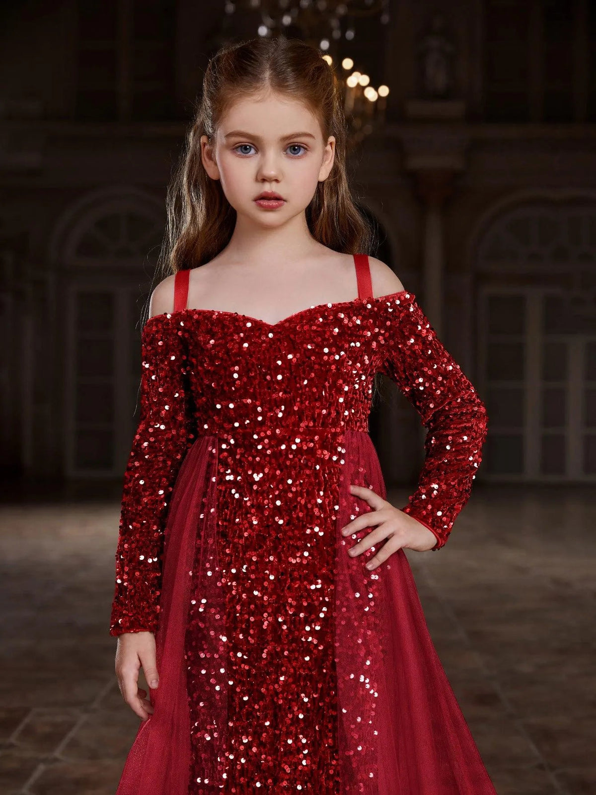 Additional product view of Mesh Overlay Off-Shoulder Sequin Mermaid Long-Sleeve Tween Girls' Party Dress