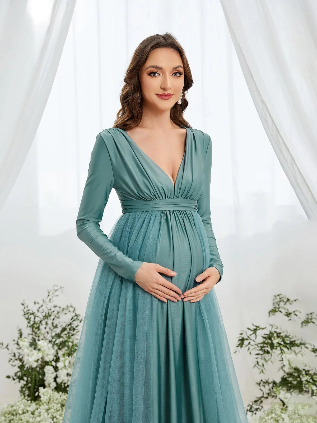 Additional product view of Contrast Mesh Plunging-Neck V-Neck Knit A-Line Maternity Evening Dress