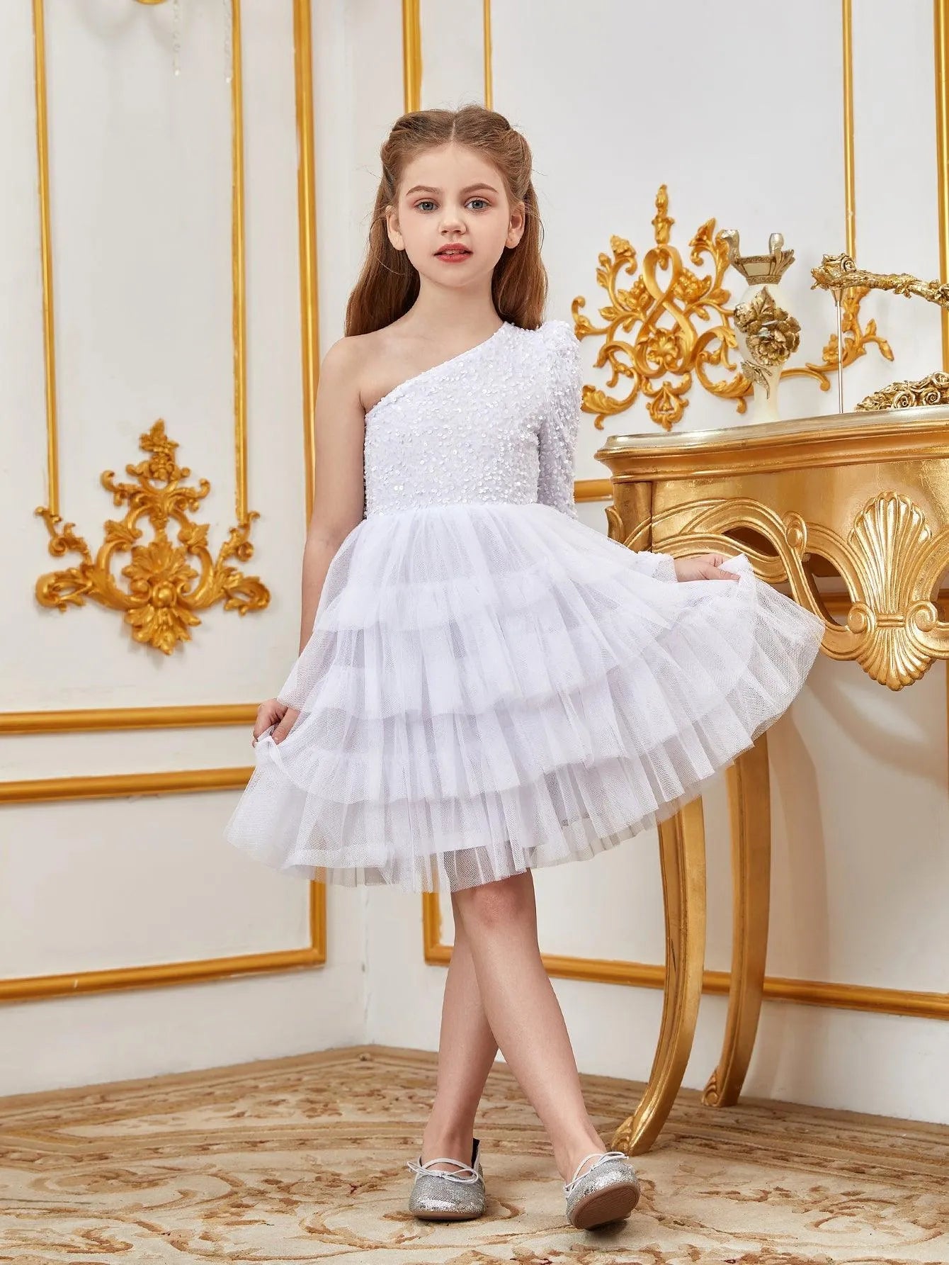 Additional product view of One-Shoulder Sequin A-Line Mesh Midi Tween Girls' Party Dress