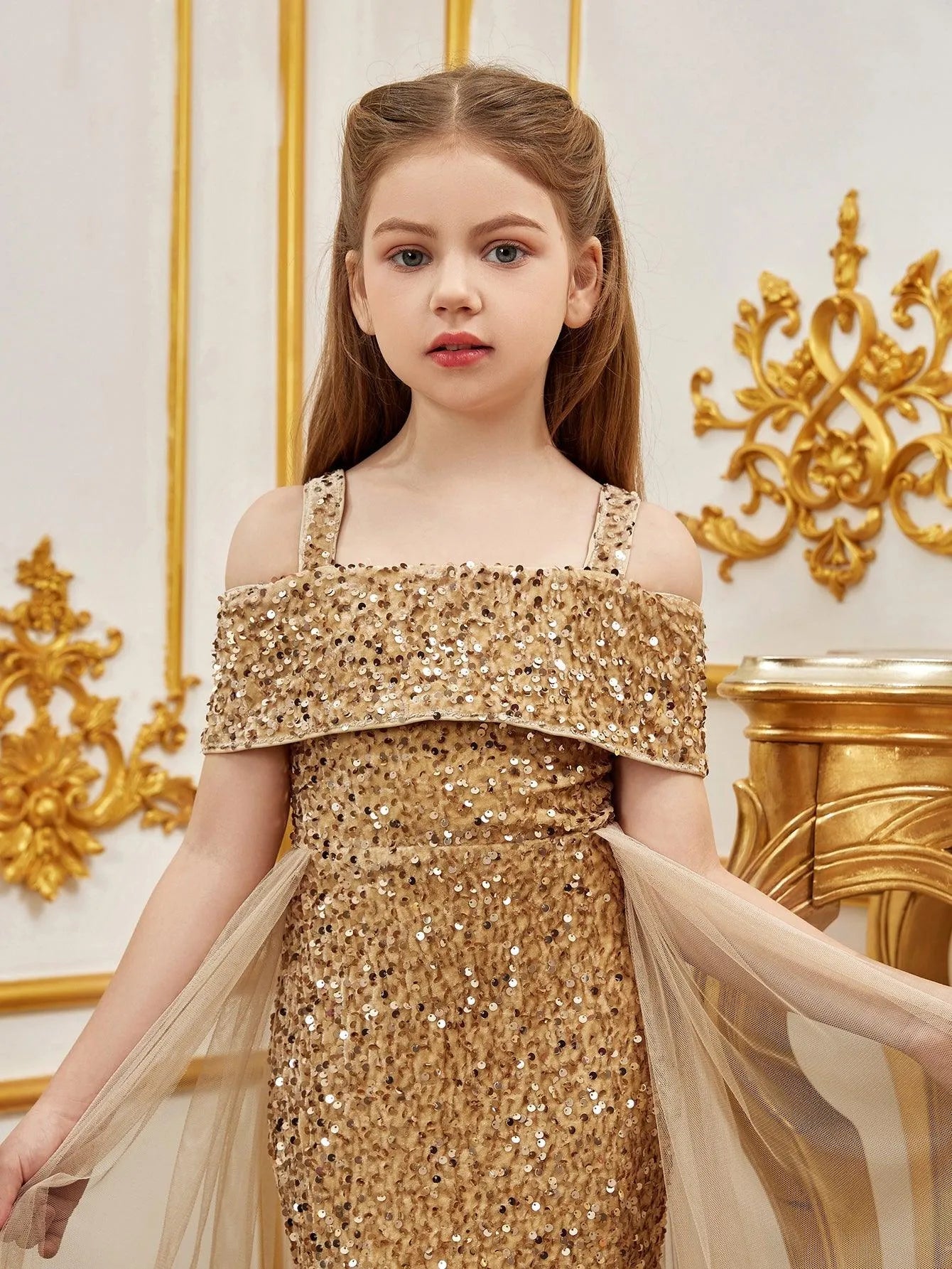 Additional product view of Mesh Overlay Off-Shoulder Sequin Mermaid Short-Sleeve Tween Girls' Party Dress