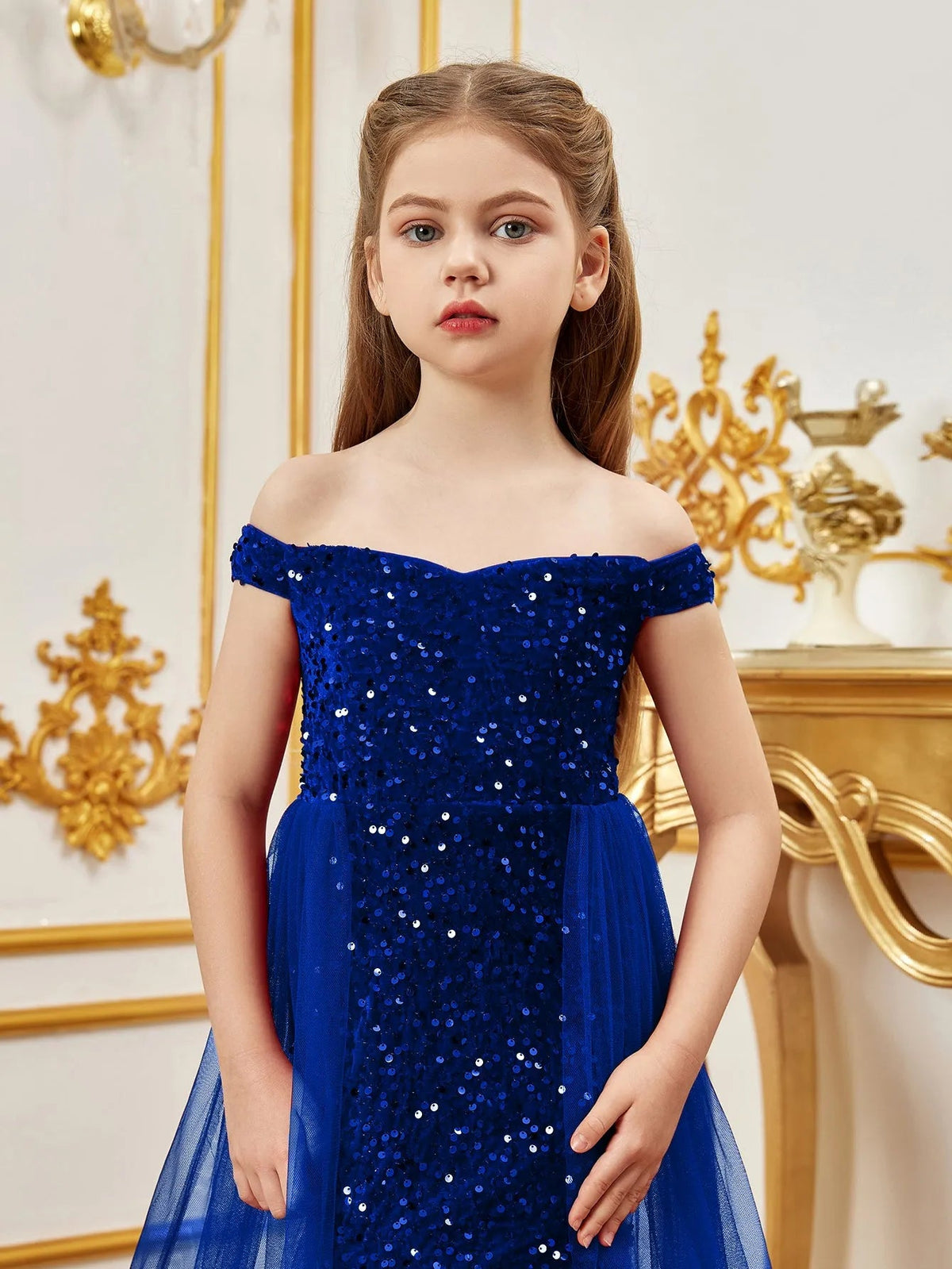 Additional product view of Mesh Overlay Off-Shoulder Sequin Mermaid Short-Sleeve Maxi Tween Girls' Party Dress