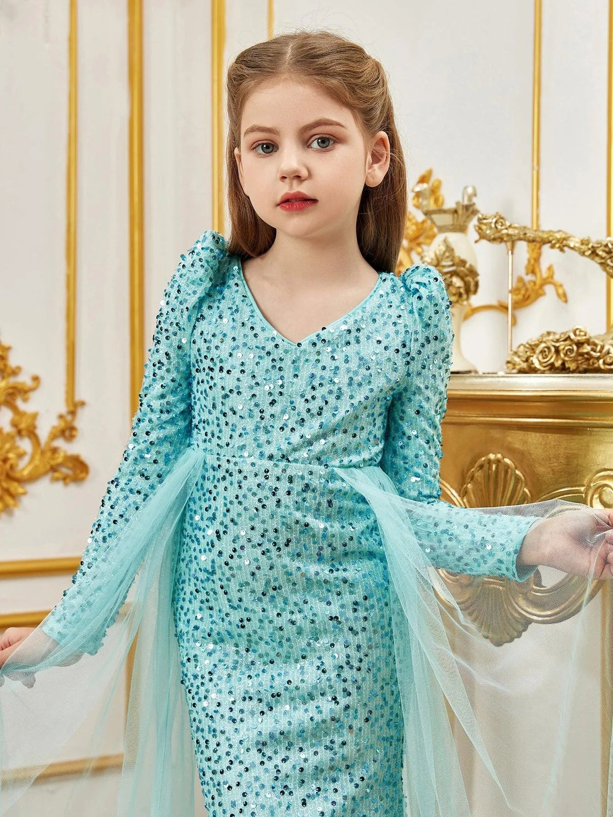 Additional product view of Mesh Overlay V-Neck Sequin Mermaid Long-Sleeve Tween Girls' Party Dress
