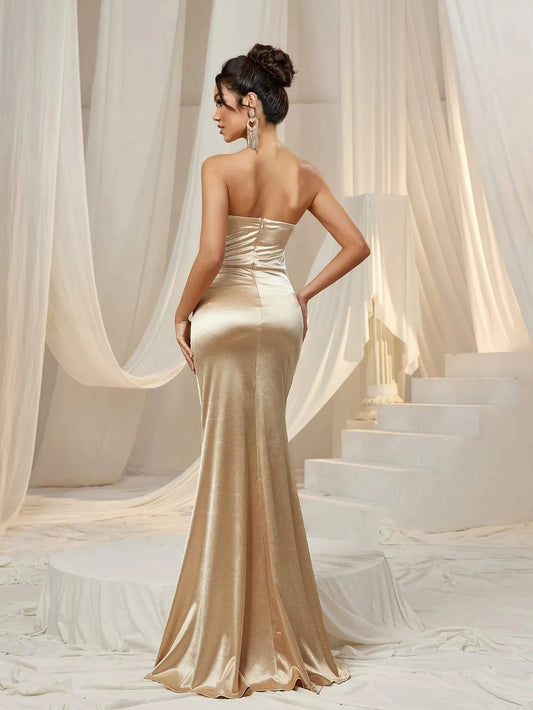 Additional product view of Ruched Wrap Mermaid Hem Strapless Satin High-Slit Evening Gown