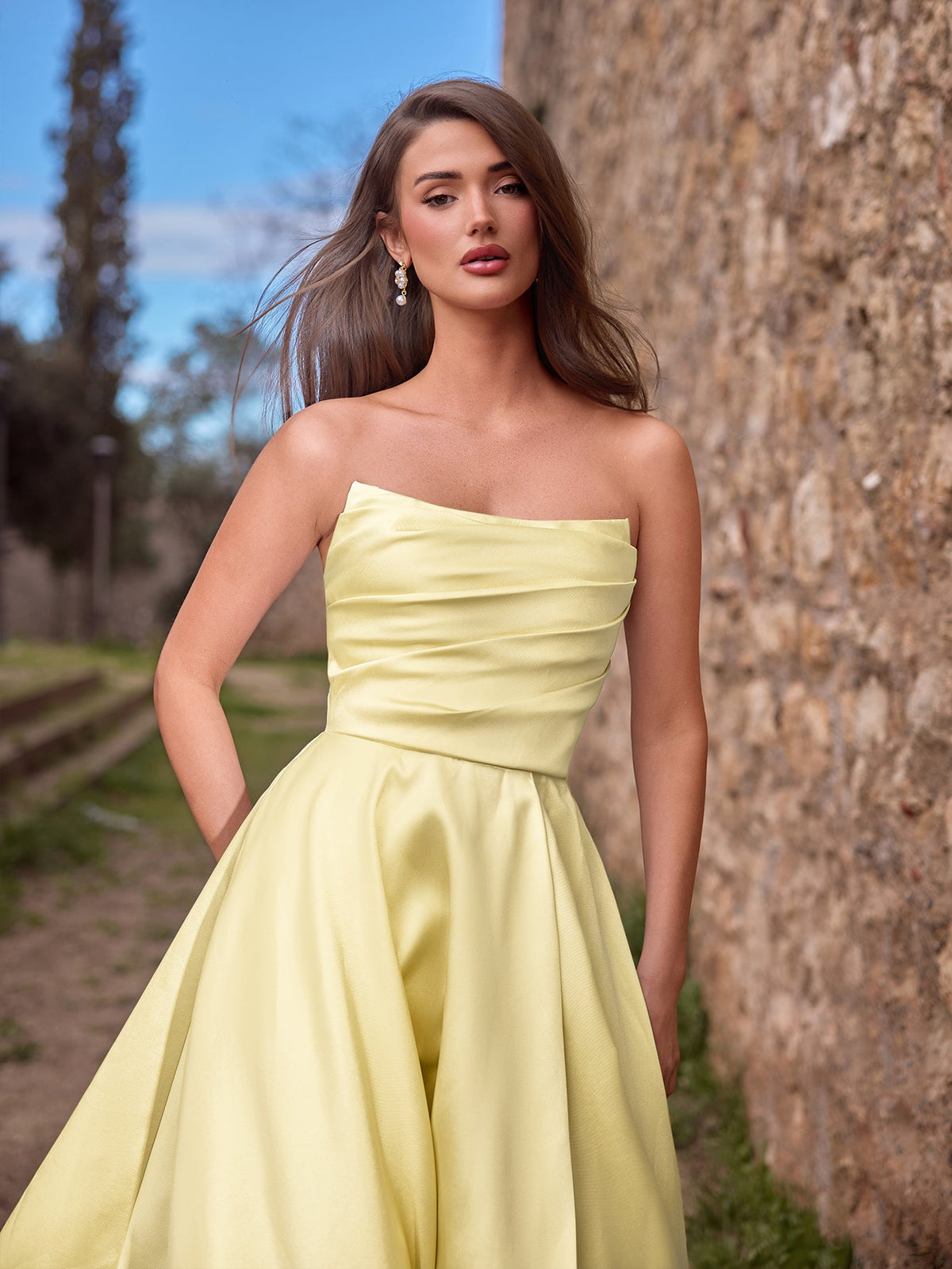 Additional view of Strapless Lace Satin Sleeveless A-Line Evening Gown