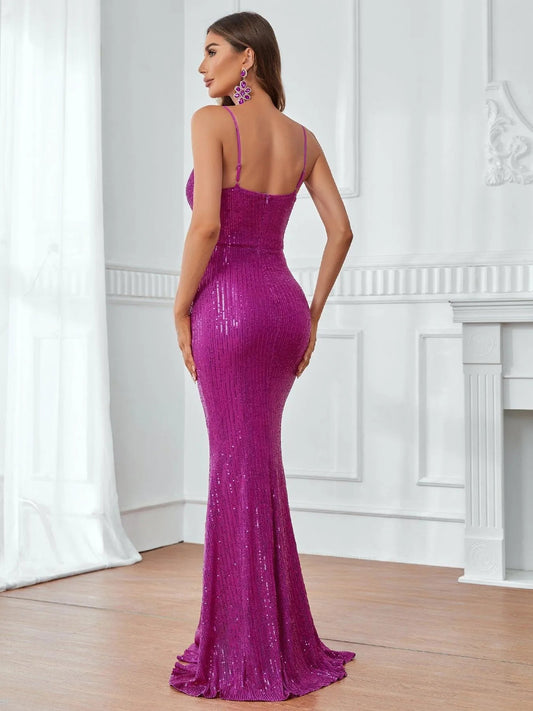 Elegant Plunging Neck Ruched Front Sequin Cami Dress – view 2