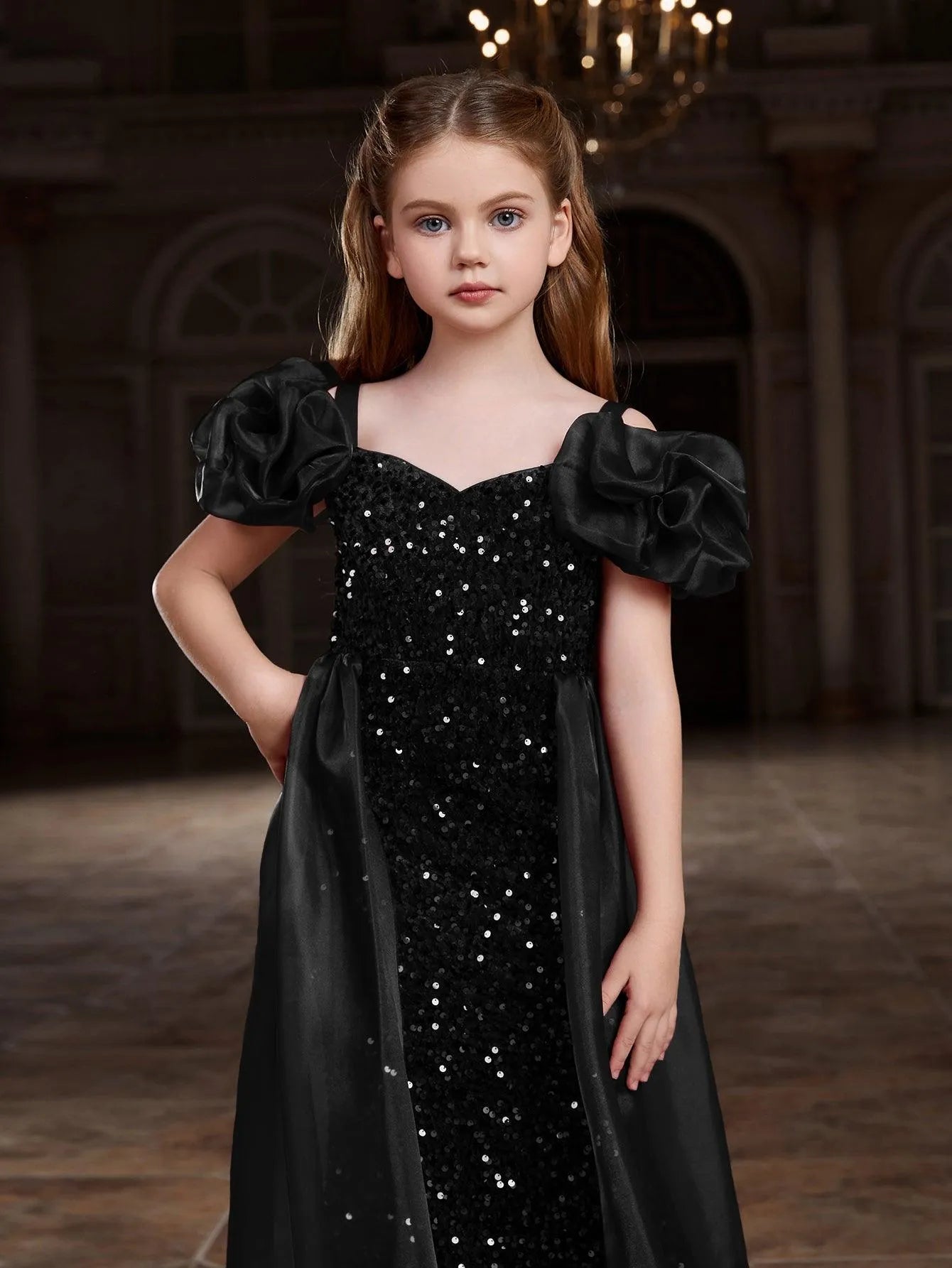 Additional product view of Mesh Overlay Sweetheart-Neck Sequin Mermaid Short-Sleeve Tween Girls' Party Dress
