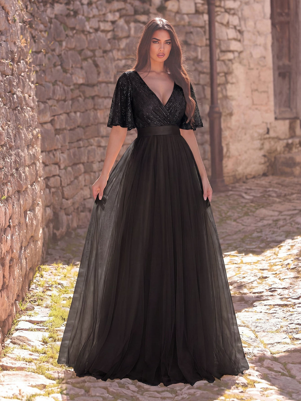 Additional product view of Surplice-Neck V-Neck Mesh Sequin A-Line Evening Gown