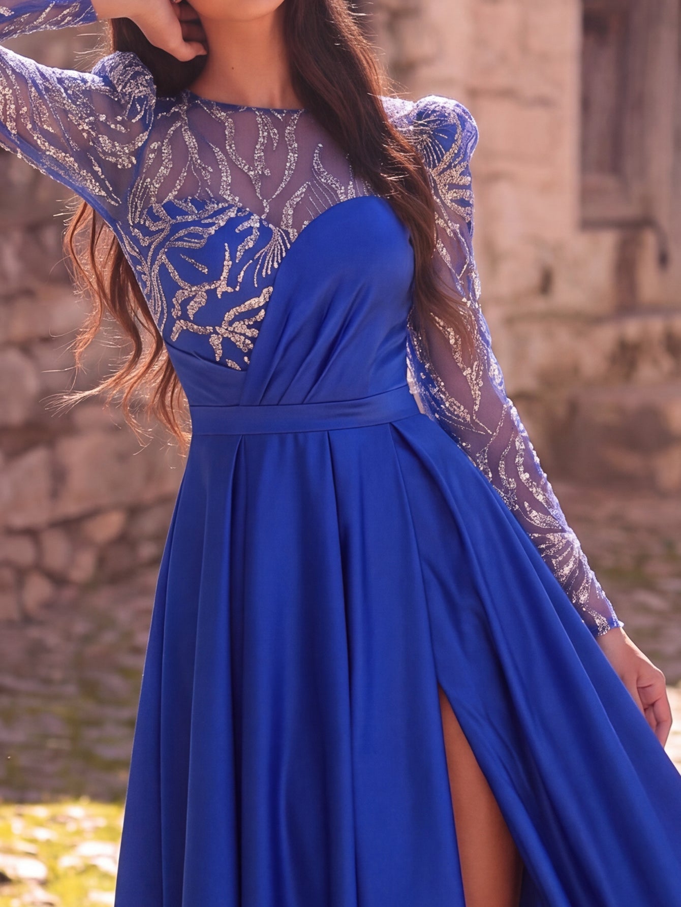 Elegant Women's Sequin Bodice Formal Gown | Long Sleeves | Full Flared Skirt