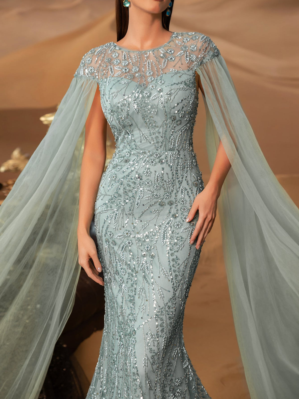 Luxury Round Neck Cloak Sleeve Mermaid Hem Beaded Evening Dress — authorized product image 12