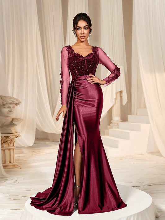 Sequin Bodice Sheer Sleeve Mermaid Hem Satin Evening Dress in Burgundy