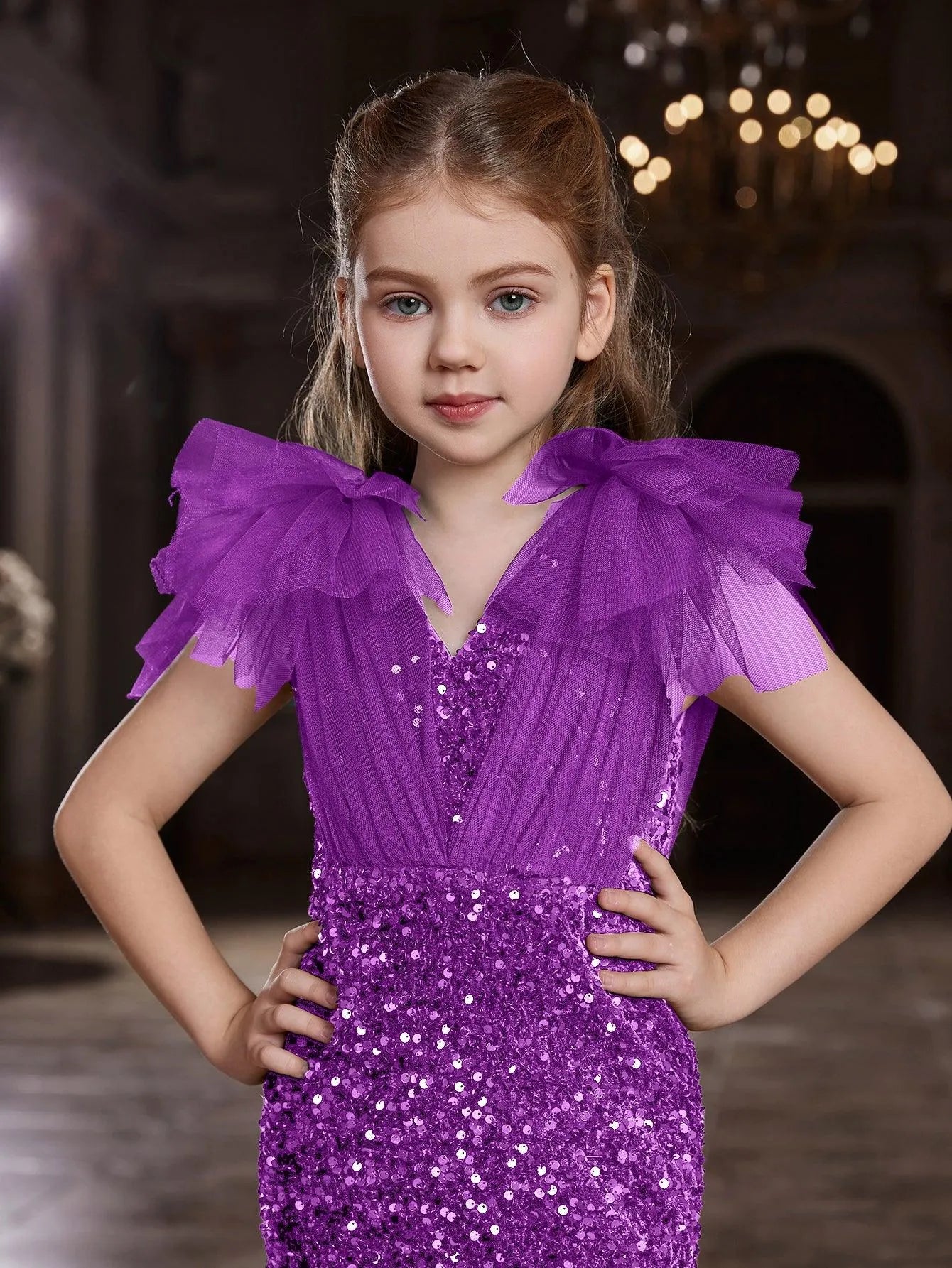 Additional product view of Cloak-Sleeve Mermaid Hem V-Neck Sequin Maxi Tween Girls' Party Dress