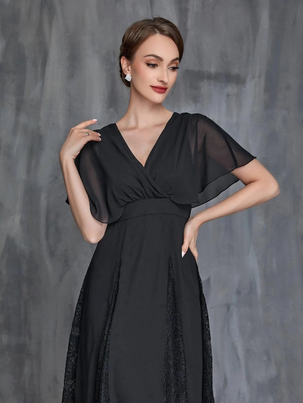 Mother-of-the-Bride V-Neck Chiffon Short-Sleeve A-Line Evening Gown — authorized product image 6