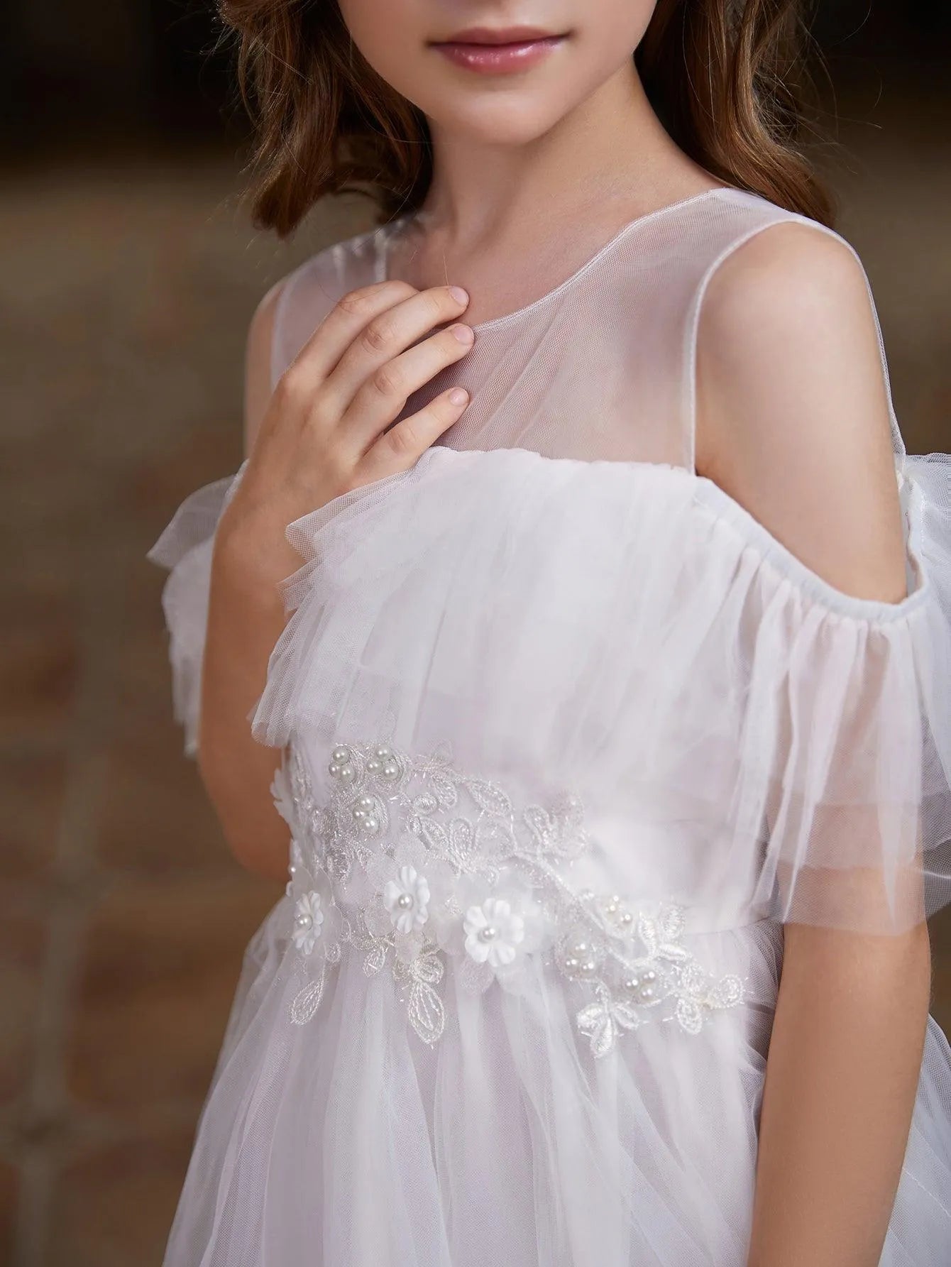 Tween Girls' Round Neck Tulle Short-Sleeve A-Line Formal Gown — authorized product image 7