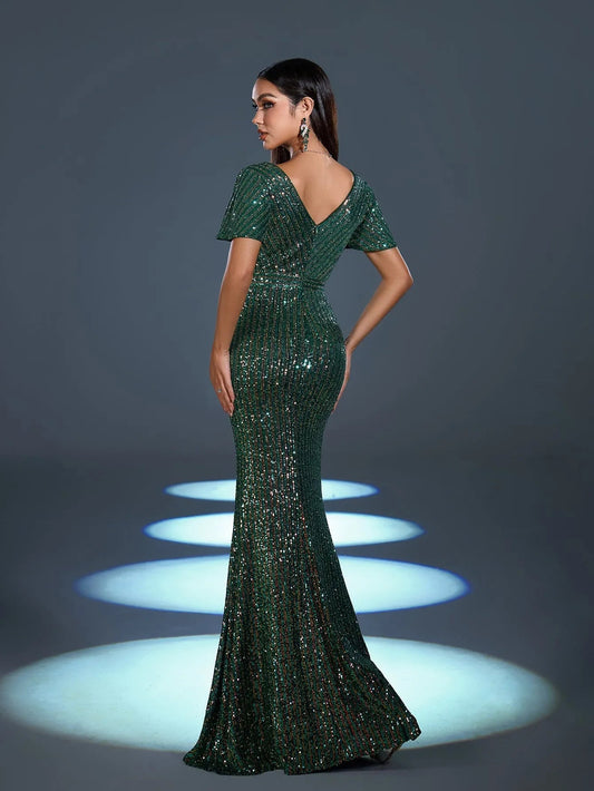 Elegant Sequin Butterfly Sleeves Mermaid Hem Evening Dress – view 2