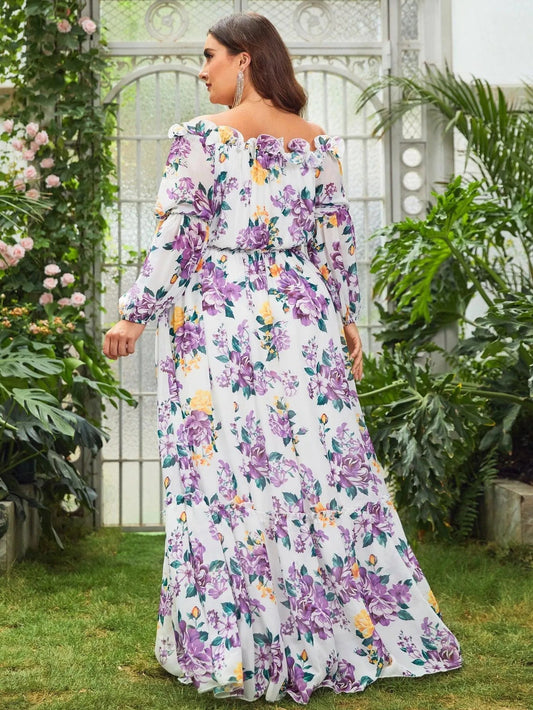 Plus-Size Off-Shoulder Chiffon Floral Long-Sleeve A-Line Evening Gown — authorized product image 2