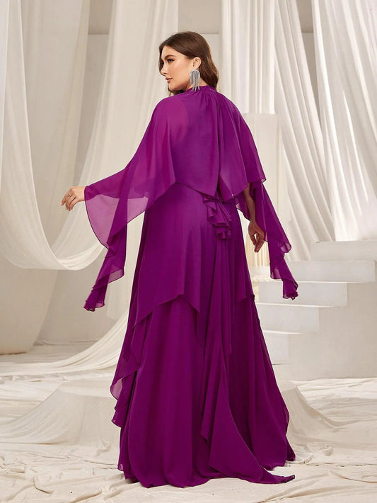 Plus Mock Neck Layered Hem Chiffon Evening Dress