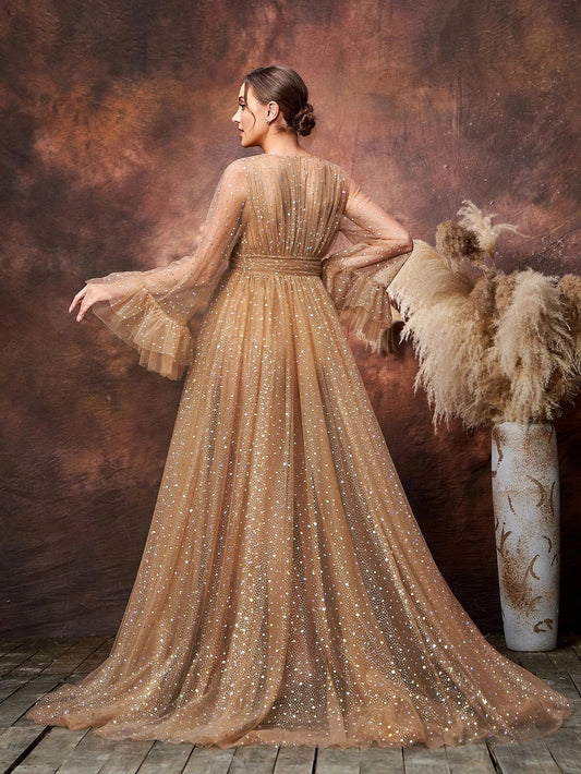 Additional product view of Deep V-Neck Mesh A-Line Long-Sleeve Sequin Maternity Formal Dress